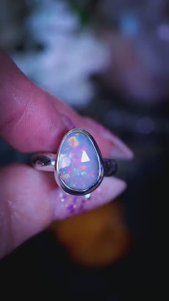 Handmade, sterling silver, Ethiopian Welo Opal stacking ring - Size O 1/2 - Jewellery and crystal gifts