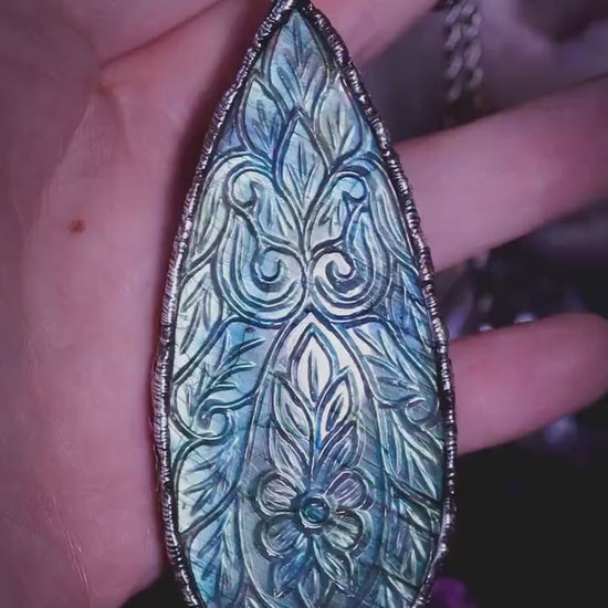 Handmade flashy green and blue, carved labradorite, soft soldered statement pendant - witchy jewellery, gothic style