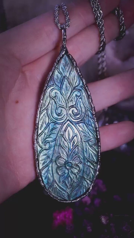 Handmade flashy green and blue, carved labradorite, soft soldered statement pendant - witchy jewellery, gothic style