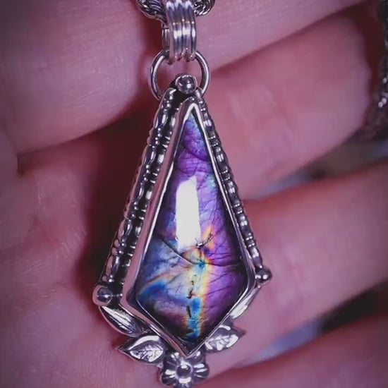 One of a kind, and bespoke, natural purple spectrolite labradorite crystal pendant necklace - Fae and celestial jewellery gifts