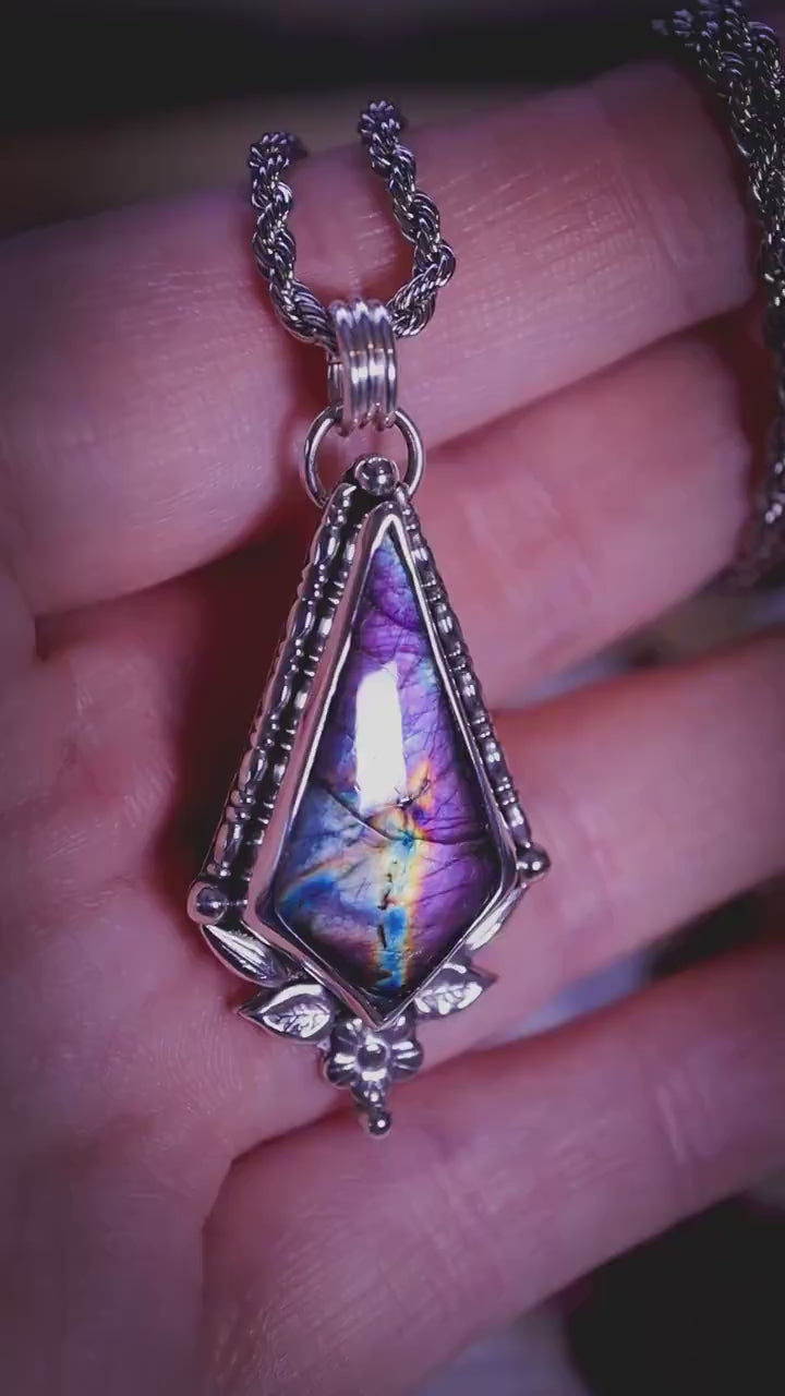 One of a kind, and bespoke, natural purple spectrolite labradorite crystal pendant necklace - Fae and celestial jewellery gifts