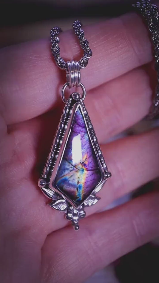 One of a kind, and bespoke, natural purple spectrolite labradorite crystal pendant necklace - Fae and celestial jewellery gifts