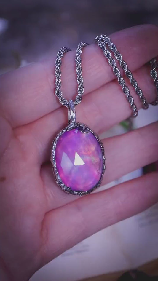 Fairy and witchy, soft soldered, pink and blue aurora opal pendant necklace - Gothic Jewellery gifts