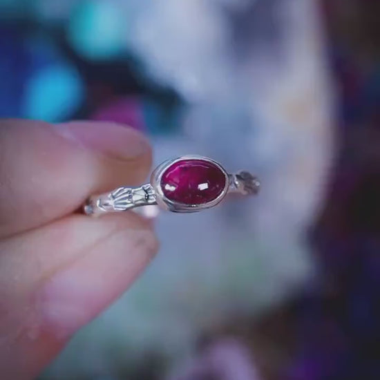 Dainty Pink Tourmaline Stacker Ring, Gemmy Tourmaline Sterling Silver Ring, Patterned Band, Handmade Delicate Ring