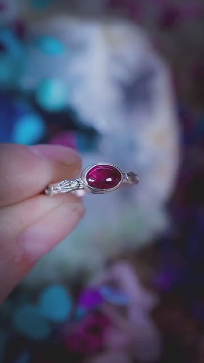 Dainty Pink Tourmaline Stacker Ring, Gemmy Tourmaline Sterling Silver Ring, Patterned Band, Handmade Delicate Ring