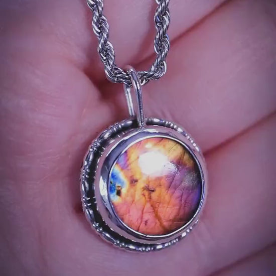 Handcrafted and dainty, purple, orange and silver Labradorite Spectrolite, silver pendant necklace -  crystal jewellery gifts