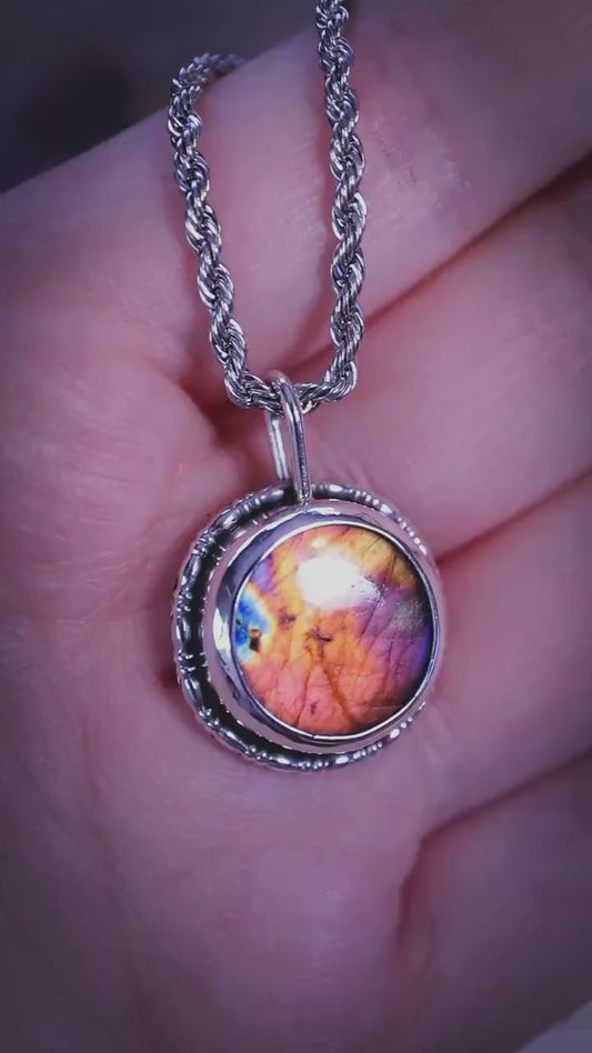 Handcrafted and dainty, purple, orange and silver Labradorite Spectrolite, silver pendant necklace -  crystal jewellery gifts