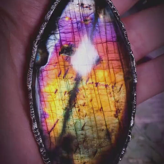 Handmade and very unique, rainbow labradorite spectrolite soft soldered statement pendant necklace: Gothic and witchy jewellery
