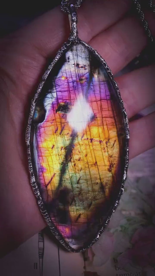 Handmade and very unique, rainbow labradorite spectrolite soft soldered statement pendant necklace: Gothic and witchy jewellery