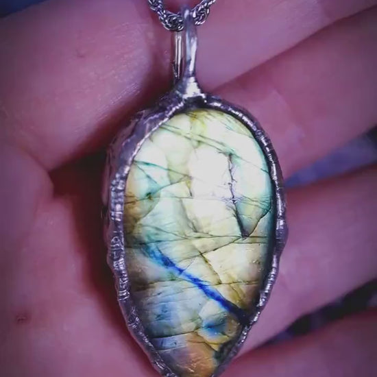 Green, Yellow and Blue Labradorite Crystal Pendant Necklace, Soft Soldered Crystal Jewellery
