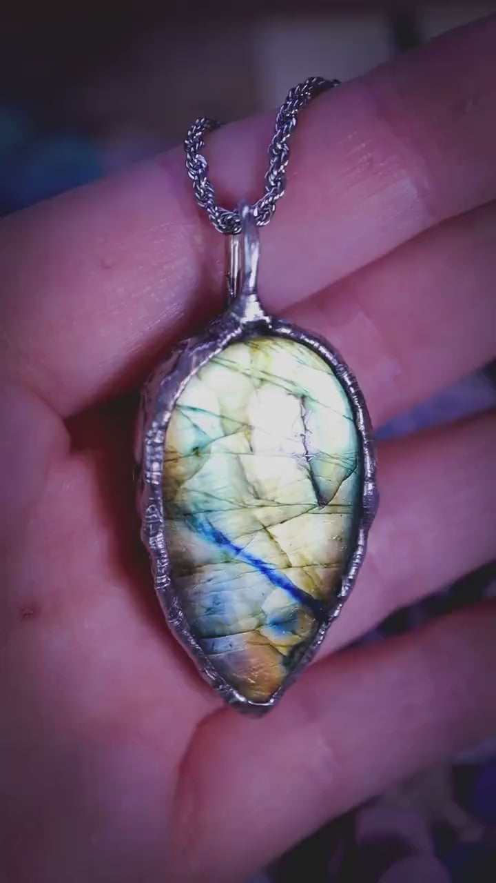 Green, Yellow and Blue Labradorite Crystal Pendant Necklace, Soft Soldered Crystal Jewellery