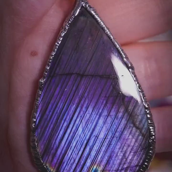 Handmade flashy purple, blue, multi-flash, stripey labradorite spectrolite soft soldered pendant - witchy jewellery, gothic style