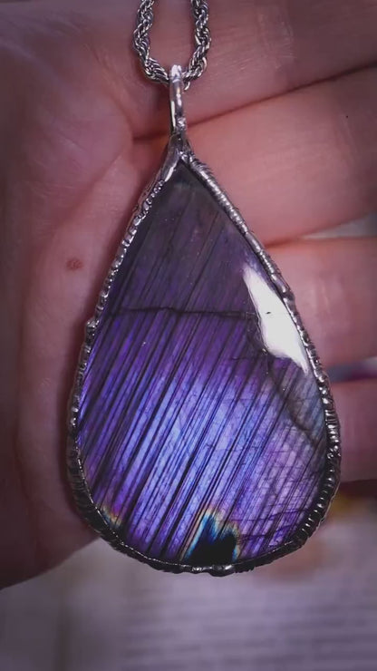 Handmade flashy purple, blue, multi-flash, stripey labradorite spectrolite soft soldered pendant - witchy jewellery, gothic style
