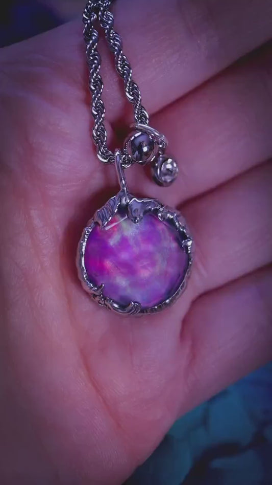 Witchy, soft soldered, pink, orange and green aurora opal pendant necklace - Gothic Jewellery gifts