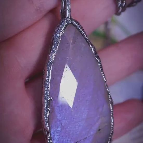 Handmade, rose cut belomorite moonstone, soft soldered pendant necklace - crystal jewellery gifts for her