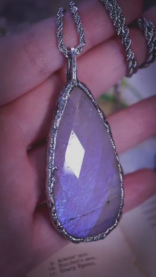 Handmade, rose cut belomorite moonstone, soft soldered pendant necklace - crystal jewellery gifts for her