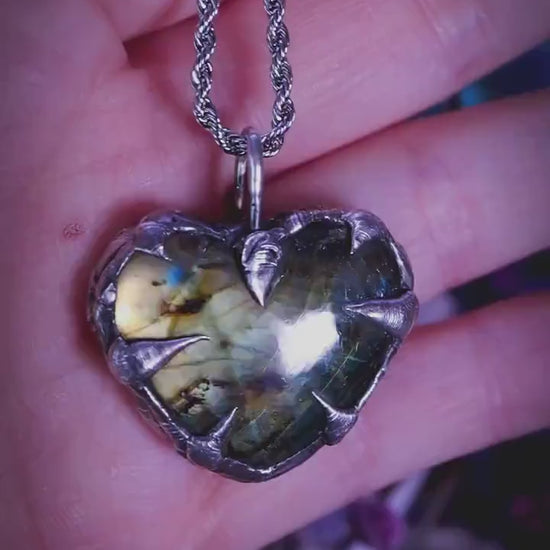 Handmade and bespoke, Green Labradorite heart crystal, soft soldered pendant necklace: Crystal jewellery gifts