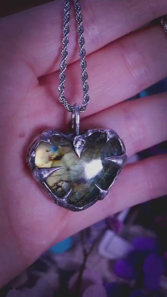 Handmade and bespoke, Green Labradorite heart crystal, soft soldered pendant necklace: Crystal jewellery gifts