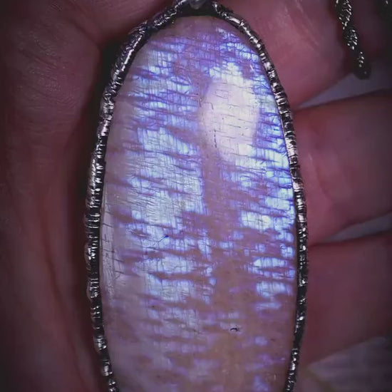 Handmade, and witchy, oval belomorite moonstone, soft soldered pendant necklace: Crystal and jewellery gifts