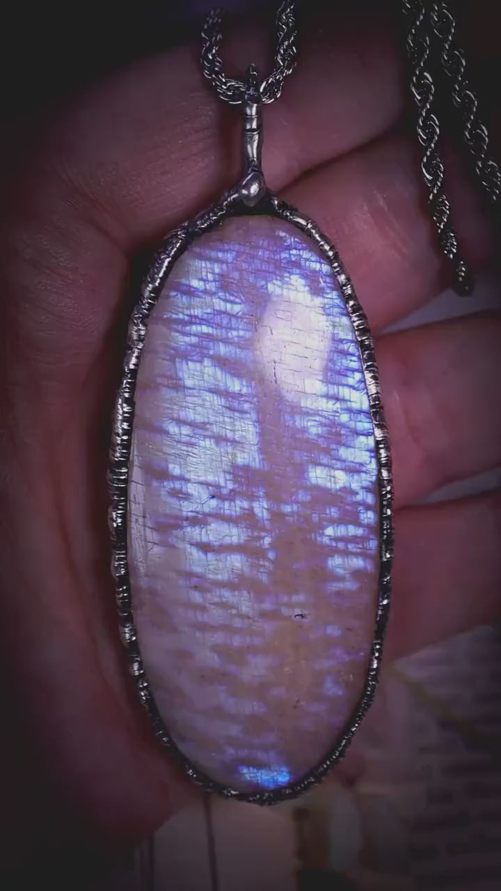 Handmade, and witchy, oval belomorite moonstone, soft soldered pendant necklace: Crystal and jewellery gifts