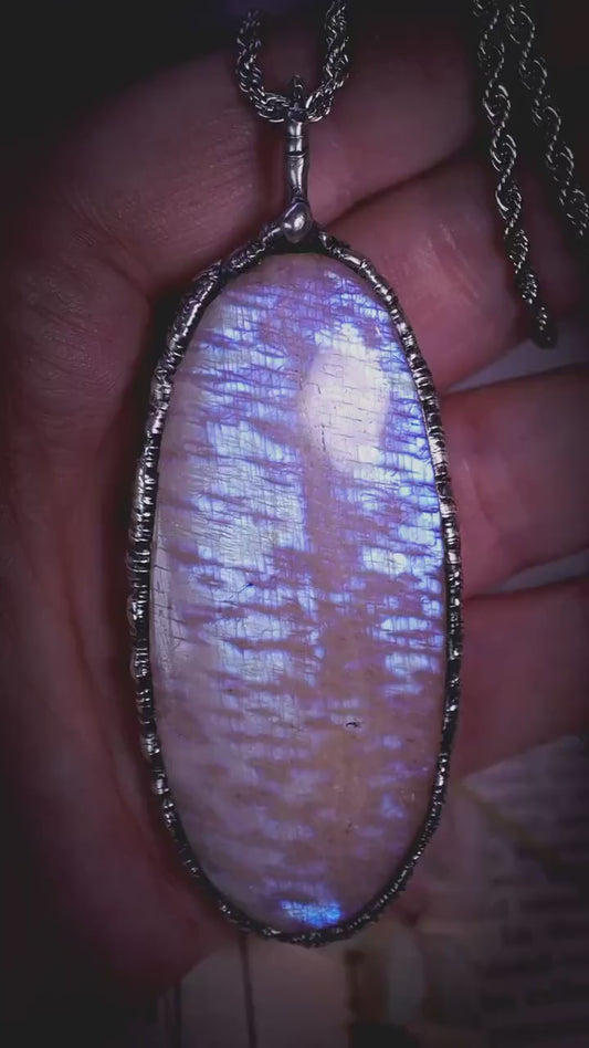 Handmade, and witchy, oval belomorite moonstone, soft soldered pendant necklace: Crystal and jewellery gifts