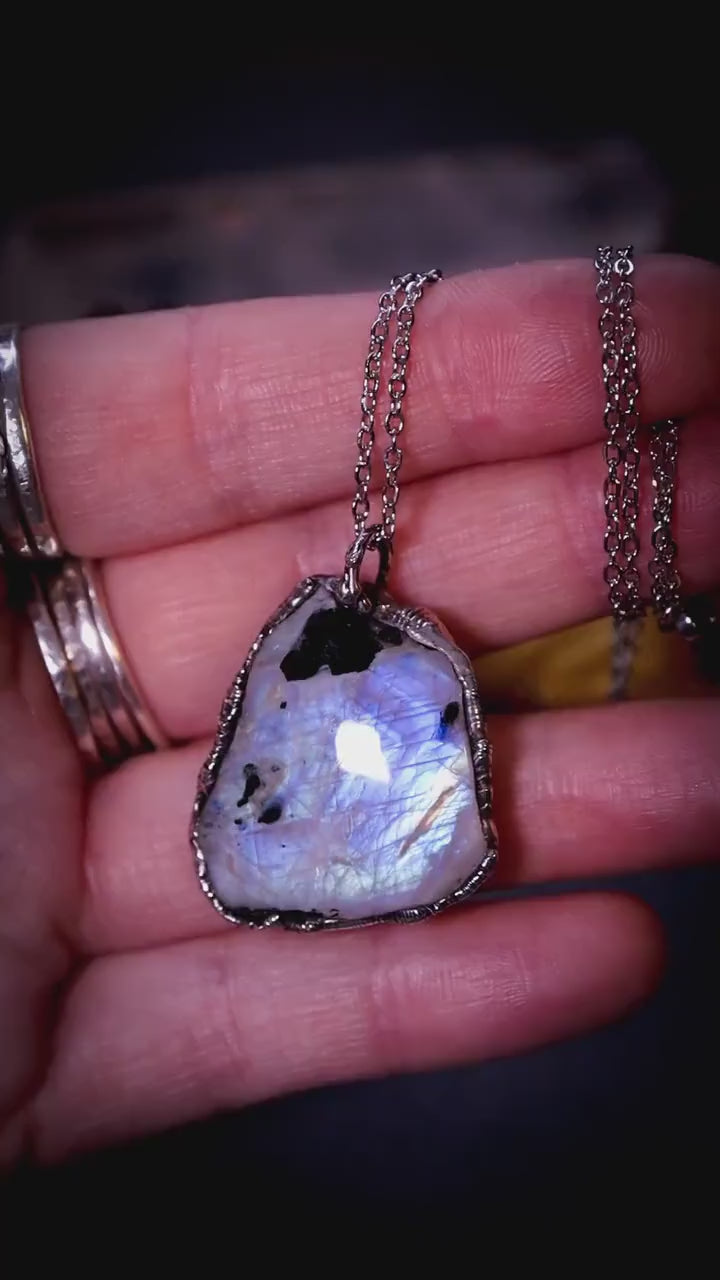 Handcrafted, flashy rainbow moonstone soft soldered pendant necklace - witchy and gothic jewellery