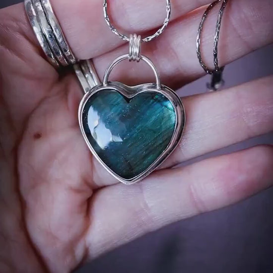 Handmade blue and green, labradorite heart pendant necklace - Gifts for her, gothic and witchy