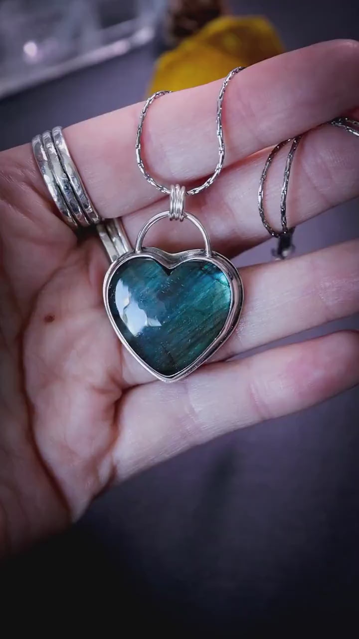 Handmade blue and green, labradorite heart pendant necklace - Gifts for her, gothic and witchy