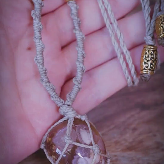 Flower Agate Macrame Necklace, Crystal Pendant, Boho Macrame Jewellery, Gold Beads, Handmade Witchy Necklace UK