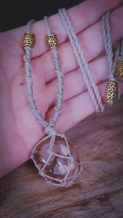Flower Agate Macrame Necklace, Crystal Pendant, Boho Macrame Jewellery, Gold Beads, Handmade Witchy Necklace UK