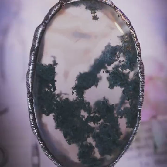 Handmade, and witchy, moss agate crystal, soft soldered pendant necklace: Crystal and jewellery gifts
