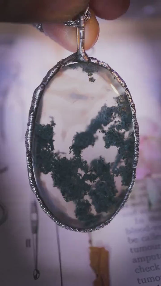 Handmade, and witchy, moss agate crystal, soft soldered pendant necklace: Crystal and jewellery gifts