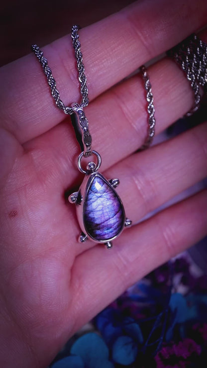 Unique, purple and pink labradorite crystal pendant necklace