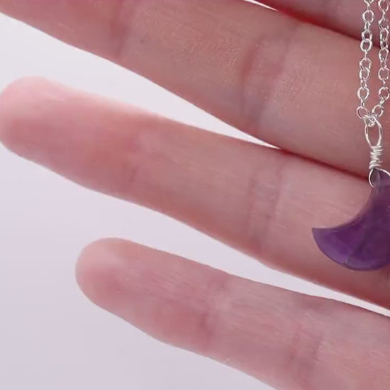 Dainty and Minimal Smooth, Natural Amethyst Moon Pendant on a 925 sterling silver chain - for intuition & inner peace