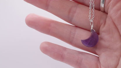 Dainty and Minimal Smooth, Natural Amethyst Moon Pendant on a 925 sterling silver chain - for intuition & inner peace