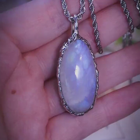 Handmade and one of a kind, rainbow moonstone, soft soldered pendant necklace - crystal jewellery gifts for her