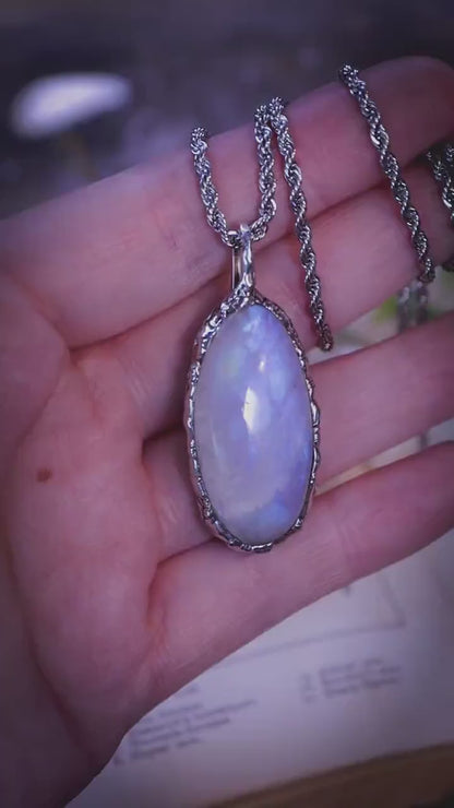 Handmade and one of a kind, rainbow moonstone, soft soldered pendant necklace - crystal jewellery gifts for her