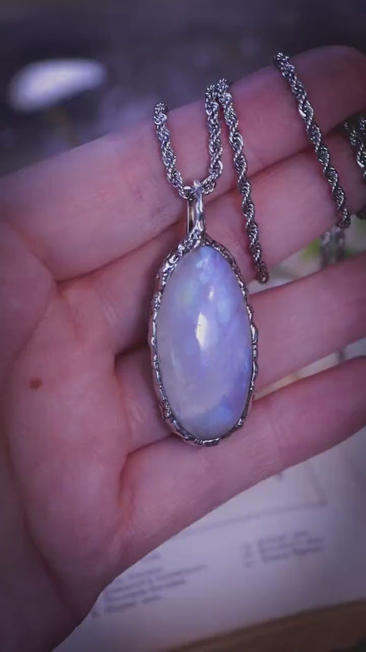 Handmade and one of a kind, rainbow moonstone, soft soldered pendant necklace - crystal jewellery gifts for her