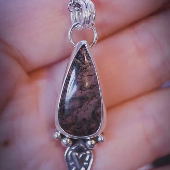 Handmade and designed, recycled sterling silver moss agate pendant necklace - Jewellery Gifts, gothic necklace