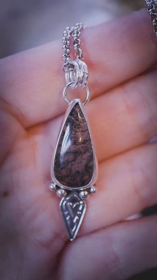 Handmade and designed, recycled sterling silver moss agate pendant necklace - Jewellery Gifts, gothic necklace