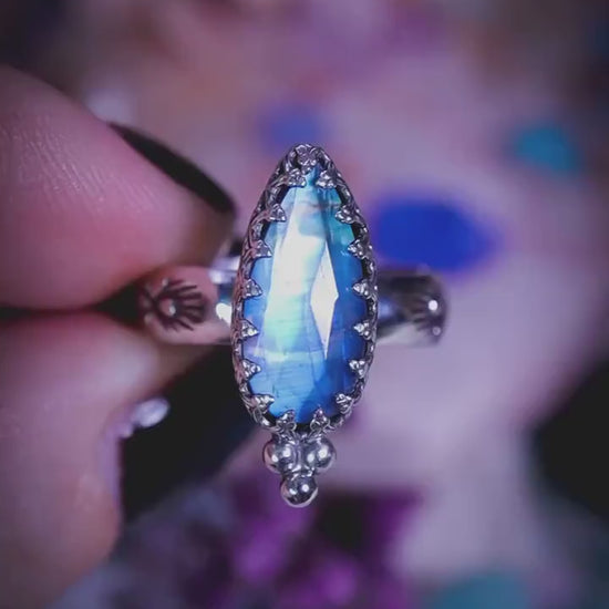Handmade Rainbow Moonstone Sterling Silver Mini Statement Stacker Ring: Gothic Witchy Jewellery, June Birthstone