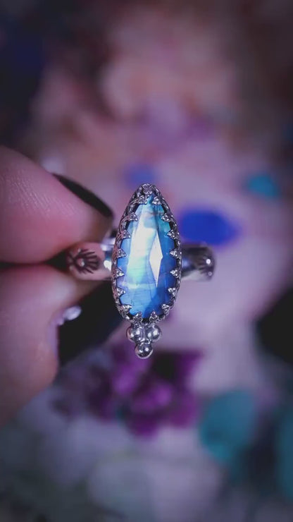 Handmade Rainbow Moonstone Sterling Silver Mini Statement Stacker Ring: Gothic Witchy Jewellery, June Birthstone
