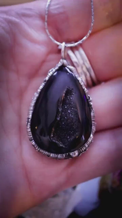 Gothic and witchy, soft soldered, black druzy agate pendant necklace - Crystal Gifts, unisex jewellery