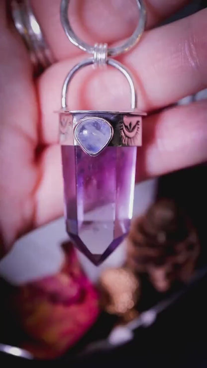 Handcrafted, smoky phantom amethyst and rainbow moonstone pendant necklace - crystal gifts, boho jewellery