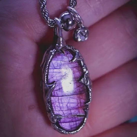 Handmade, purple and pink, Labradorite soft soldered pendent necklace, gothic witchy jewellery