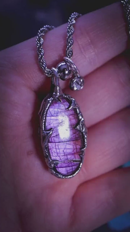 Handmade, purple and pink, Labradorite soft soldered pendent necklace, gothic witchy jewellery