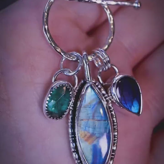 Handcrafted, stunning teal kyanite, purple labradorite and rainbow moonstone crystal, silver charm pendant necklace - jewellery gifts