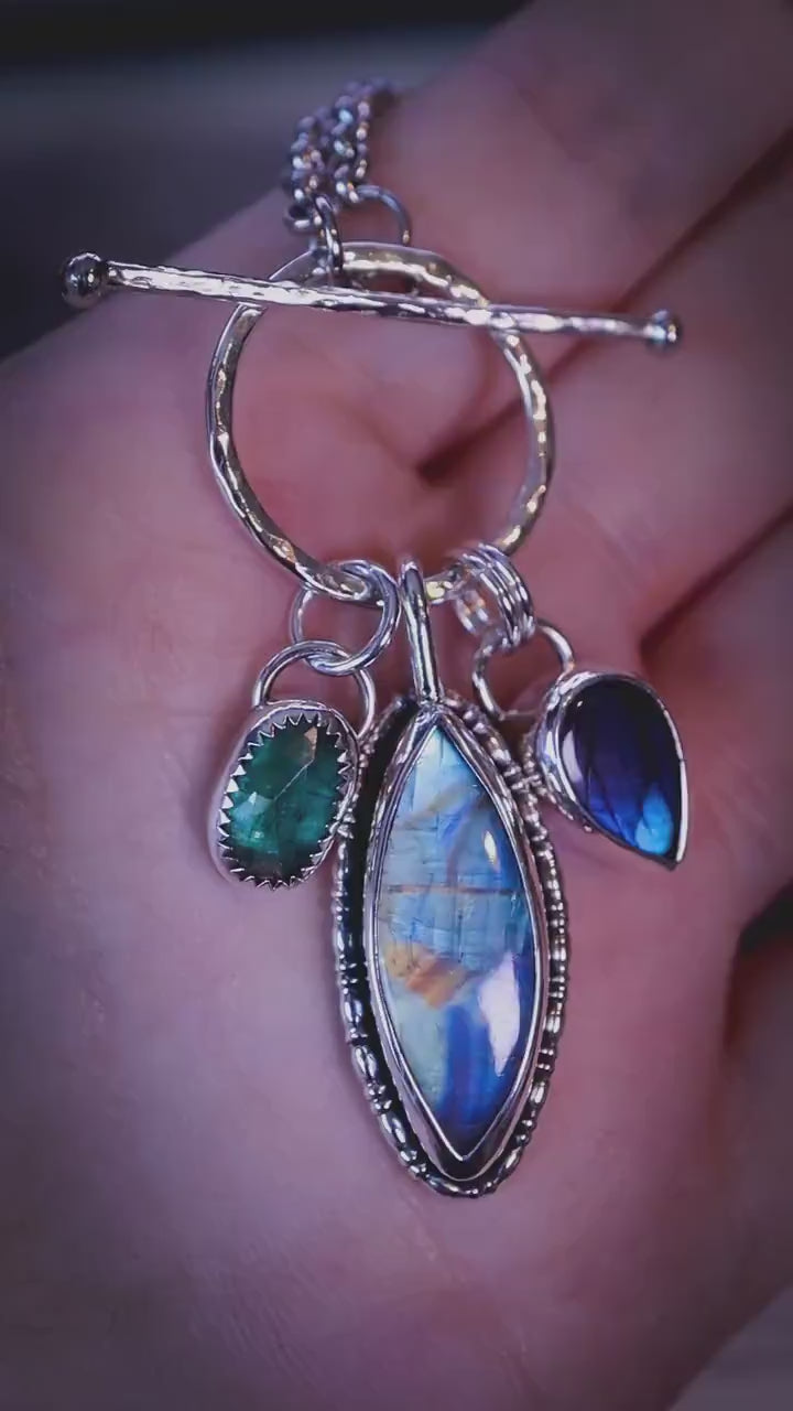 Handcrafted, stunning teal kyanite, purple labradorite and rainbow moonstone crystal, silver charm pendant necklace - jewellery gifts