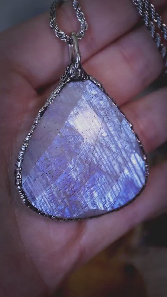 Handmade, rose cut belomorite moonstone, soft soldered pendant necklace - crystal jewellery gifts for her