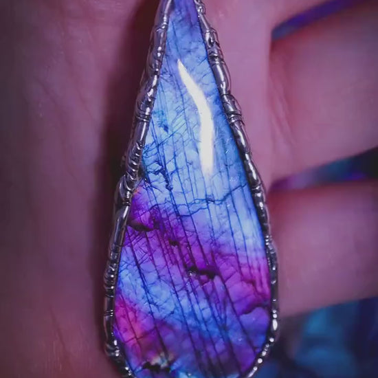 Large statement, rainbow coloured, Labradorite crystal, soft soldered pendant necklace: Crystal jewellery gifts